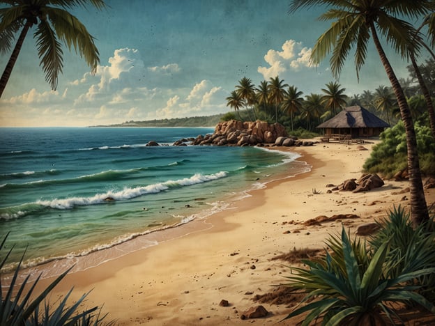 Das Bild zeigt einen malerischen Strand mit klarem Wasser und sanften Wellen. Im Vordergrund sieht man feinen Sand, umgeben von tropischen Pflanzen und Palmen. Auf der rechten Seite steht eine traditionelle Hütte, die aus Holz und Palmblättern gebaut ist. Im Hintergrund erstreckt sich eine Küstenlandschaft mit sanften Hügeln und einem blauen Himmel, der mit einigen Wolken geschmückt ist.Diese Szenerie ist typisch für Mosambik, ein Land im Südosten Afrikas, das für seine atemberaubenden Strände, die reiche maritim-kulturelle Geschichte und die beeindruckende Natur bekannt ist. Mosambik bietet eine Vielzahl von Küstenlandschaften und ist ein beliebtes Ziel für Reisende, die Strandurlaub und Abenteuer in der Natur suchen.