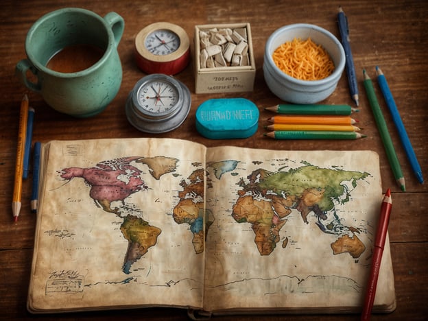 Auf dem Bild ist eine offene Weltkarte in einem Notizbuch zu sehen, umgeben von verschiedenen Utensilien wie Bleistiften, einer Tasse, Kompassen und anderen kleinen Gegenständen.**Praktische Informationen für Reisende:**1. **Weltkarte nutzen:** Eine gedruckte oder digitale Weltkarte ist praktisch, um Reiseziele zu planen, Routen zu bestimmen und sich in neuen Städten zu orientieren.2. **Notizen machen:** Verwenden Sie ein Notizbuch, um wichtige Informationen festzuhalten, wie z.B. Sehenswürdigkeiten, Verkehrsanbindungen oder persönliche Eindrücke.3. **Reiseutensilien:** Das Mitführen von Kompass, Notizmaterial und vielleicht einige Snacks (wie Käsestreifen im Bild) kann Ihnen auf Reisen sicher helfen.4. **Organsiation:** Halten Sie Ihre Reiseutensilien gut organisiert, um Stress zu vermeiden, besonders bei der Planung von mehrtägigen Reisen.5. **Lernen und Entdecken:** Nutzen Sie die Zeit der Planung, um mehr über Ihre Reiseziele zu lernen, insbesondere über Kultur und Geschichte.