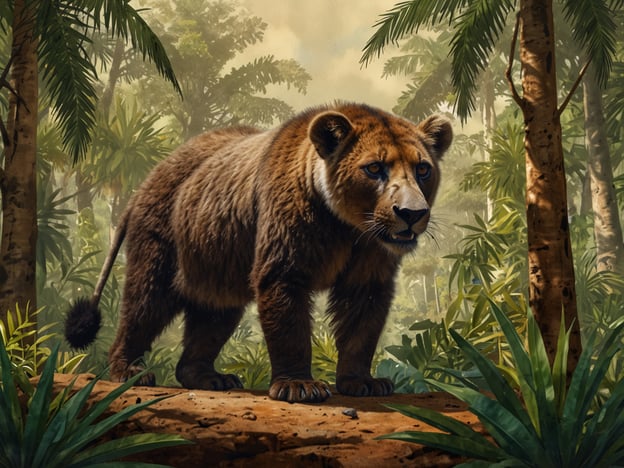 Madagaskar ist bekannt für seine außergewöhnliche Vielfalt an Flora und Fauna, von einzigartigen Lemuren bis hin zu faszinierenden Pflanzenarten, die nirgendwo sonst auf der Welt vorkommen. Die Insel beherbergt viele endemische Arten, die sich über Millionen von Jahren entwickelt haben.Auf dem Bild ist ein Tier zu sehen, das eine Mischung aus einem Bären und einem großen Raubtier zu sein scheint, auf einem Baumstamm in einer üppigen, grünen Umgebung. Diese Darstellung evoziert ein Gefühl von Wildnis und Abenteuer, passend zur reichen Tierwelt Madagaskars. Das Tier hat einen kräftigen Körperbau und zieht mit seinen intensiven blauen Augen die Aufmerksamkeit auf sich.