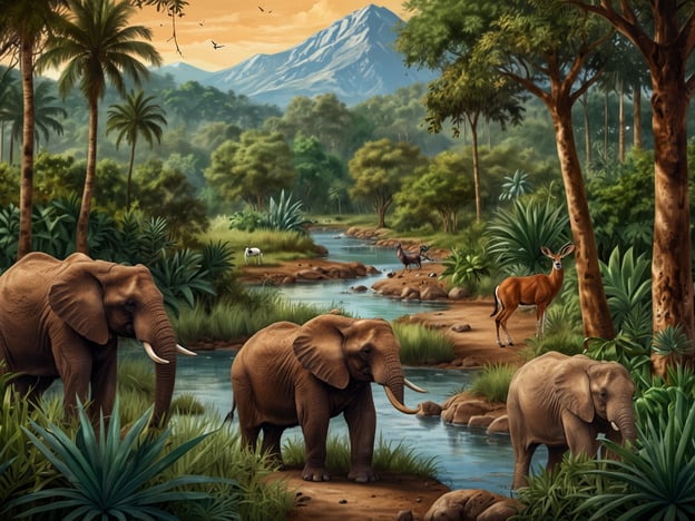 Auf dem Bild sehen wir eine faszinierende Landschaft, die Naturliebhaber ansprechend dürfte. Im Vordergrund stehen mehrere Elefanten, die an einem ruhigen Wasserlauf trinken. Umgeben von üppigem, grünem Pflanzenwuchs, vermitteln sie ein Gefühl von Wildnis und Freiheit. Im Hintergrund erhebt sich majestätisch ein Gebirge, während die sanfte Abenddämmerung eine warme Atmosphäre schafft.Diese Szenerie erinnert an die atemberaubenden Landschaften Madagaskars, die für ihre einzigartige Flora und Fauna bekannt sind. Madagaskar beherbergt viele endemische Arten, die nirgendwo sonst in der Welt zu finden sind. Die Harmonie von Tieren, Wasser und Natur macht dieses Bild zu einem perfekten Symbol für das unberührte Paradies, das Naturliebhaber auf ihrer Entdeckungsreise erleben können.