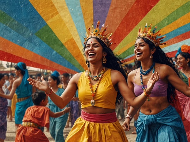 Auf dem Bild sind fröhlich tanzende Frauen in bunten traditionellen Kleidern zu sehen, die wahrscheinlich an einem kulturellen Fest oder einer Feier teilnehmen. Die Atmosphäre erinnert an das farbenfrohe Fest Holi, das in vielen Regionen Indiens gefeiert wird. Holi ist bekannt für seine Farben, den freudigen Austausch und das Miteinander.Die dargestellten Farben und die ausgelassene Stimmung könnten auch einen Bezug zu anderen kulturellen Festen haben, bei denen Tanz und Musik eine zentrale Rolle spielen. Die Frauen scheinen eine wichtige kulturelle Tradition zu zelebrieren, die Gemeinschaft, Freude und das Zusammensein in den Vordergrund stellt.