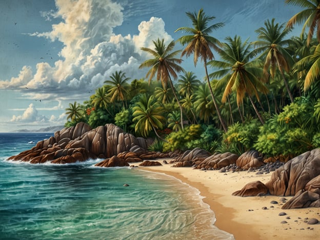 Auf dem Bild ist eine wunderschöne tropische Szenerie zu sehen, die die malerische Küste der Seychellen darstellt. Das klare, türkisfarbene Wasser umspült die sanften Sandstrände, während sich große Felsen und üppige Palmen am Ufer entlang ziehen. Im Hintergrund sind eindrucksvolle Wolkenformationen zu sehen, die dem Bild eine lebendige Atmosphäre verleihen.Die Seychellen sind ein Archipel im Indischen Ozean und bekannt für ihre atemberaubenden Strände, eine reiche Tierwelt und beeindruckende Natur. Diese tropische Idylle ist ein beliebtes Reiseziel für Erholungssuchende und Naturliebhaber, die die unberührte Schönheit und die Vielfalt der Inseln genießen möchten.
