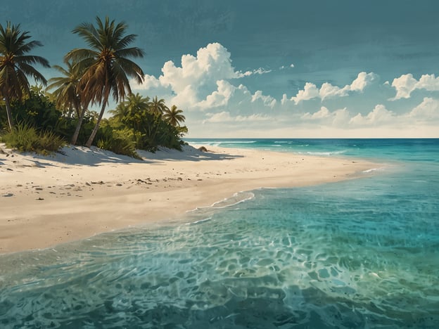 Auf dem Bild ist ein malerischer Strand mit feinem, weißen Sand und kristallklarem Wasser zu sehen. Umgeben von Palmen und üppigem Grün strahlt dieser Strand eine tropische Atmosphäre aus. Dies erinnert an einige der besten Strände der Seychellen, wie Anse Source d'Argent auf La Digue oder Anse Lazio auf Praslin, die für ihre natürliche Schönheit und ruhige Umgebung bekannt sind.