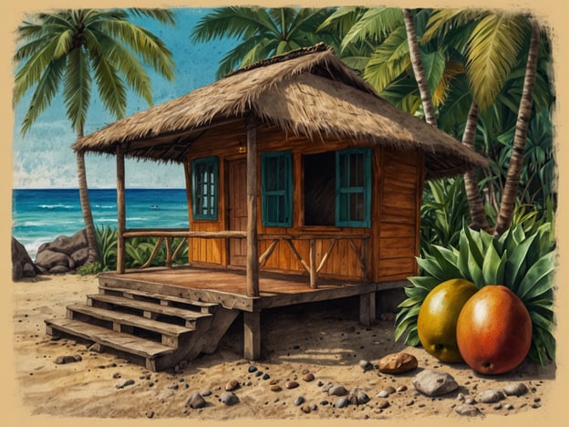 Auf dem Bild ist eine traditionelle Hütte zu sehen, die typisch für die Seychellen ist. Diese Hütten, oft aus Holz und mit einem Strohdach, spiegeln die einheimische Architektur wider und sind ideal für das tropische Klima. Die Nähe zum Meer und die idyllische Umgebung mit Palmen und Natur verleihen dem Ort eine entspannte Atmosphäre, die für die Lebensweise der Seychellois charakteristisch ist.Die frischen Mangos, die im Vordergrund abgebildet sind, sind ein beliebtes Obst in der Region und erinnern an die reichhaltige tropische Flora der Seychellen. Die Menschen leben eng mit der Natur und die Landwirtschaft, insbesondere der Anbau von Früchten, spielt eine wichtige Rolle in der lokalen Kultur und Wirtschaft. Das Bild verkörpert somit die harmonische Verbindung zwischen Mensch und Natur, die für die Seychellen typisch ist.