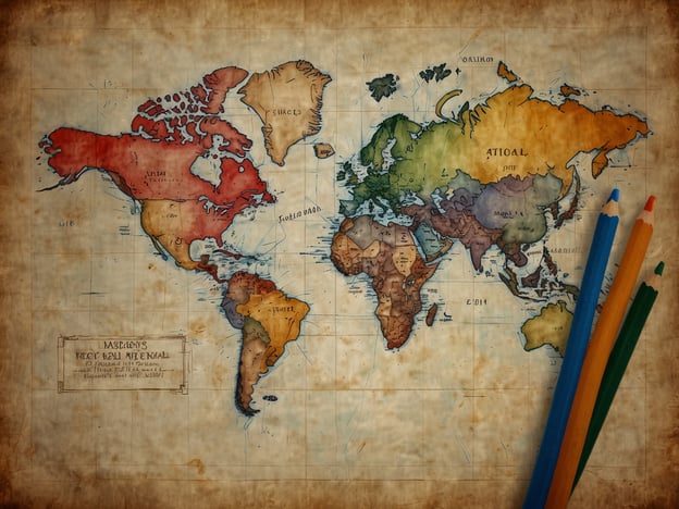 Auf dem Bild ist eine Weltkarte zu sehen, die farbenfroh gestaltet und mit einem antiken, gealterten Look versehen ist. Solche Karten können ideal sein, um Reiseziele zu planen und verschiedene Länder und Kontinente zu erkunden.Hier sind einige Tipps zur Reiseplanung:1. **Ziele festlegen**: Überlegen Sie sich, welche Länder oder Städte Sie besuchen möchten. Nutzen Sie die Karte, um Ihre Interessen zu visualisieren.2. **Transportmittel wählen**: Informieren Sie sich über die besten Verkehrsmittel zu Ihren Zielen. Das reicht von Flugzeugen über Züge bis hin zu Autos.3. **Unterkünfte buchen**: Suchen Sie nach Hotels oder Ferienwohnungen in der Nähe Ihrer Sehenswürdigkeiten.4. **Sehenswertes erforschen**: Notieren Sie sich Highlights und Aktivitäten in den Ländern, die Sie besuchen möchten. Die Karte eignet sich gut, um Entfernungen zwischen verschiedenen Attraktionen abzuschätzen.5. **Reisebudget planen**: Berücksichtigen Sie Transport-, Unterkunfts- und Verpflegungskosten, um ein realistisches Budget zu erstellen.Viel Spaß beim Planen Ihrer nächsten Reise!