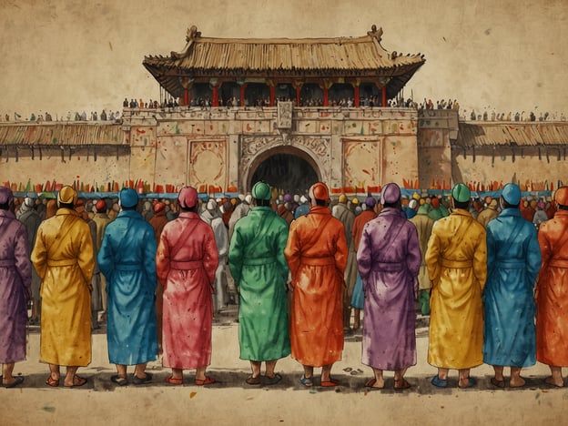 Auf dem Bild ist eine Szene zu sehen, die an historische chinesische Zeremonien oder Festlichkeiten erinnert. Im Vordergrund stehen mehrere Personen in bunten Roben, die in Richtung eines beeindruckenden, architektonisch gestalteten Gebäudes blicken, das möglicherweise den Eingang zu einer kaiserlichen Residenz oder einem Tempel darstellt.Die Farbigkeit der Roben könnte auf unterschiedliche Ränge oder Rollen innerhalb der Zeremonie hinweisen, was in der chinesischen Kultur oft praktisch und symbolisch ist. Das Gebäude im Hintergrund mit seinem markanten Dachstil verweist auf traditionelle chinesische Architektur, die typischerweise in kaiserlichen Palästen oder bedeutenden Tempeln zu finden ist, wie beispielsweise der Verbotenen Stadt in Peking.Diese Art von Darstellung könnte ein Anlass wie eine kaiserliche Feier oder ein wichtiges Ereignis im alten China zeigen, bei dem sowohl das Volk als auch die Amtsträger anwesend sind. Die gesamte Szenerie strahlt eine festliche und kulturell reiche Atmosphäre aus.