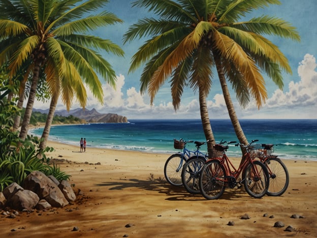 Auf dem Bild sind tropische Palmen und ein schöner Strand zu sehen. Im Vordergrund stehen drei Fahrräder, die bereit sind für eine Erkundungstour. Diese Szenerie könnte an exotischen Destinationen wie Hawaii oder einer der karibischen Inseln gespielt haben.Wenn du an einem solchen Ort bist, gibt es viele Möglichkeiten, die Umgebung zu erkunden. Radtouren entlang des Strandes bieten nicht nur eine entspannte Atmosphäre, sondern auch die Möglichkeit, versteckte Buchten und atemberaubende Ausblicke zu entdecken. Die Kombination aus Sonne, Meer und Natur macht solche Reiseziele ideal für einen erholsamen Urlaub. Vergiss nicht, auch die lokale Küche und Kultur zu genießen!