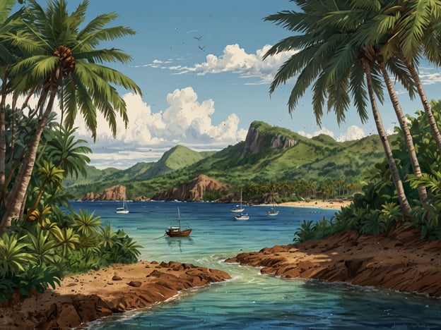 Das Bild zeigt eine malerische Küstenlandschaft, die sich durch eine tropische Umgebung auszeichnet. Im Vordergrund sieht man einige Palmen und grünes Gebüsch, das an eine kleine Bucht grenzt. Im Wasser sind mehrere Boote zu sehen, darunter ein kleiner Fischerkahn. Im Hintergrund erkennt man sanfte Hügel und Berge, die von strahlendem blauen Himmel und weißen Wolken umgeben sind.Mayotte ist eine französische Überseeregion im Indischen Ozean, zwischen Madagaskar und der Küste von Mosambik. Die Insel ist bekannt für ihre atemberaubende Natur, darunter traumhafte Strände, eine reiche Meeresflora und -fauna sowie eine vielfältige Kultur, die von afrikanischen, arabischen und europäischen Einflüssen geprägt ist. Die Küstenregionen von Mayotte bieten ideale Bedingungen für Wassersport und Erholung in einer tropischen Umgebung.