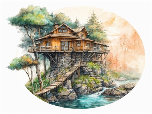 Eine malerische Aussicht auf ein Holzhaus, das auf Stelzen über einem klaren Wasserfluss errichtet ist. Umgeben von hohen Bäumen und Felsen verleiht die Landschaft eine ruhige Atmosphäre. Eine schmale Holzbrücke verbindet das Haus mit dem Ufer, und sanfte Farbnuancen erinnern an einen frühen Morgen im Kletterwald Frauenau. Im Hintergrund sind sanfte Hügel und ein sanfter Nebel zu sehen, der die Idylle unterstreicht.