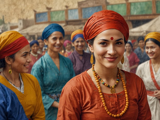 Auf dem Bild sind mehrere Frauen zu sehen, die traditionelle Kleidung tragen, die an bestimmte Kulturen in Indien erinnern könnte. Die Hauptperson im Vordergrund trägt ein leuchtendes orangefarbenes Oberteil und zeichnet sich durch eine markante rote Punkt (Bindi) auf der Stirn aus, was oft ein Symbol für verheiratete Frauen in vielen indischen Traditionen ist.Die bunten Tücher (Dupattas oder Turbane) der Frauen im Hintergrund können auf regionale Unterschiede in der Kultur hinweisen, da verschiedene Gemeinschaften oft bestimmte Farben und Stile bevorzugen. Solche traditionellen Kleidungsstücke sind nicht nur ein Ausdruck von kultureller Identität, sondern auch Teil von Feiern oder Festen, die tief verwurzelte Bräuche repräsentieren.In vielen indischen Gemeinschaften spielen Frauen eine zentrale Rolle in sozialen und familiären Strukturen. Die Präsenz vieler Frauen in diesem Bild könnte eine Gemeinschafts- oder Festversammlung darstellen, in der kulturelle Traditionen und Gemeinschaftsbindungen gefeiert werden. Der fröhliche Ausdruck der Frauen vermittelt ein Gefühl von Zusammenhalt und Freude, das in vielen kulturellen Zusammenhängen von großer Bedeutung ist.