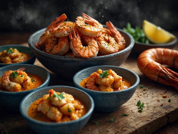 Auf dem Bild sind köstliche kulinarische Highlights der mosambikanischen Küche zu sehen. Im Vordergrund befinden sich mehrere kleine Schalen mit einer würzigen Garnelen-Sauce, die typischerweise mit Kokosmilch und Gewürzen zubereitet wird. Diese Gerichte sind oft sehr aromatisch und spiegeln die Einflüsse der afrikanischen und portugiesischen Küche wider.Im Hintergrund sind große, frisch zubereitete Garnelen zu sehen, die oft gegrillt oder gebraten werden und mit Zitronenscheiben serviert werden – ein weiteres beliebtes Element in der mosambikanischen Gastronomie. Diese Garnelengerichte sind für ihre Frische und den charakteristischen Geschmack bekannt, da sie häufig direkt von den Küsten des Landes stammen.