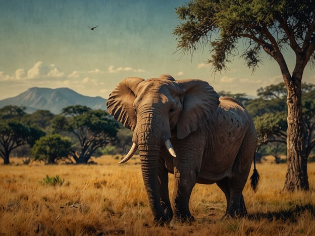 Auf dem Bild ist ein Elefant in einer weiten Savannenlandschaft zu sehen, umgeben von Bäumen und einer malerischen Bergkulisse im Hintergrund.
Simbabwe ist bekannt für seine beeindruckende Tierwelt, und Elefanten sind häufig in den Nationalparks des Landes anzutreffen, wie beispielsweise im Hwange-Nationalpark. Touristen haben die Möglichkeit, diese majestätischen Tiere in ihrem natürlichen Lebensraum zu beobachten und an geführten Safaris teilzunehmen. Solche Erlebnisse sind ein wichtiger Teil des Tourismus in Simbabwe, der die Schönheit und Vielfalt der afrikanischen Natur präsentiert.
