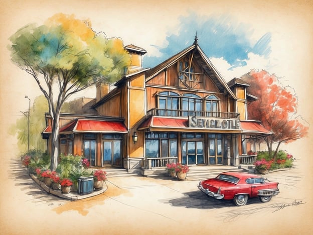 Auf dem Bild ist ein malerisches Gebäude zu sehen, das wahrscheinlich ein Restaurant oder ein Hotel darstellt. Die Architektur ist im rustikalen Stil gehalten, mit einer klaren Glasfront und einem ansprechenden Eingang. Vor dem Gebäude steht ein älteres Auto, was dem Bild einen nostalgischen Charme verleiht.**Besuchertipps:**1. **Parkmöglichkeiten:** Achten Sie auf die Parkplatzbeschilderung, um einen bequemen Platz zu finden.2. **Öffnungszeiten:** Informieren Sie sich über die Öffnungszeiten, um einen Besuch optimal zu planen.3. **Empfohlene Gerichte:** Fragen Sie das Personal nach den Spezialitäten des Hauses.4. **Reservierungen:** Bei größeren Gruppen empfiehlt es sich, im Voraus zu reservieren.**Serviceangebote:**- **WLAN:** Viele Restaurants bieten kostenloses WLAN an, um während des Besuchs online zu bleiben.- **Speisekarten für Allergiker:** Informieren Sie das Personal über Nahrungsmittelunverträglichkeiten.- **Zahlungsoptionen:** Prüfen Sie, welche Zahlungsmethoden akzeptiert werden, um Überraschungen zu vermeiden.Ein schöner Ort für ein entspanntes Essen oder eine Übernachtung!