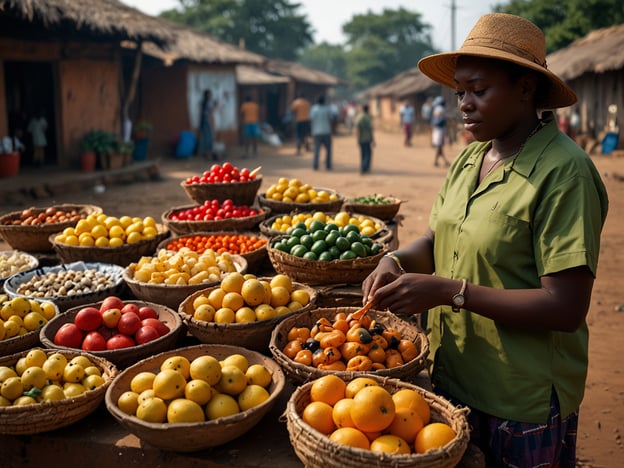 Das Bild zeigt einen lebhaften Markt, auf dem eine Frau mit einer grünen Bluse und einem Hut steht. Sie ist umgeben von Körben voller verschiedener Früchte, darunter Zitrusfrüchte und andere bunte Obstsorten, die zum Verkauf angeboten werden. Im Hintergrund sind einfache, traditionell aus Lehm gebaute Hütten zu sehen.
**Tipps für Deinen Besuch in Sambia:**
1. **Markterlebnis:** Nutze die Gelegenheit, lokale Märkte zu besuchen, um frisches Obst und Gemüse zu probieren. Es ist eine großartige Möglichkeit, das Leben vor Ort kennenzulernen.
2. **Handel und Interaktion:** Sei bereit zu handeln. Das Feilschen ist eine üblich Praxis und macht den Einkauf in Sambia lebendiger.
3. **Einheimische Spezialitäten:** Probiere auch traditionelle Speisen und Getränke. Die zambische Küche ist vielfältig und köstlich!
4. **Sprache:** Ein paar Wörter in der Landessprache, Bemba oder Nyanja, können sehr hilfreich sein und die Einheimischen erfreuen.
5. **Hygiene:** Achte darauf, nur frisches und gut gewaschenes Obst zu essen, um Magenprobleme zu vermeiden.
Viel Spaß bei Deinem Besuch in Sambia!