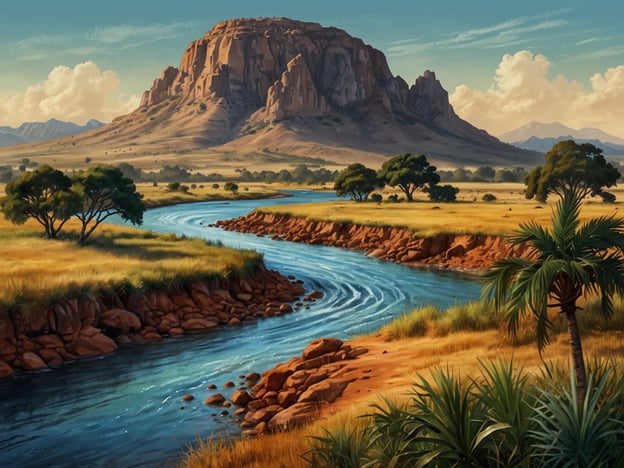 Auf dem Bild ist eine malerische Landschaft zu sehen, die eine Kombination aus Bergen, einem Fluss und einer weiten Graslandschaft zeigt. Diese Art von Umgebung erinnert an die vielfältige Natur Angolas, einem Land in Südwestafrika. Angola verfügt über eine beeindruckende Geographie, die von Küstengebieten über Savannen bis hin zu Bergregionen reicht.Der Fluss in der Landschaft könnte die Bedeutung von Wasserwegen in Angola symbolisieren, die für die Landwirtschaft und das Ökosystem von großer Bedeutung sind. Die üppige Vegetation und die Bergformationen sind typisch für die landschaftliche Diversität des Landes, das reich an natürlichen Ressourcen und atemberaubenden Landschaften ist. Angola ist bekannt für seinen Reichtum an Mineralien, darunter Diamanten und Erdöl, sowie für seine vielfältige Tier- und Pflanzenwelt.