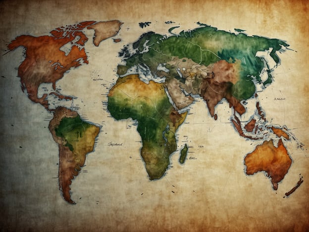 Das Bild zeigt eine Weltkarte, die geografische Regionen in unterschiedlichen Farben darstellt. Diese visuelle Darstellung kann verwendet werden, um wirtschaftliche Entwicklung und Perspektiven in verschiedenen Teilen der Welt zu diskutieren.**Wirtschaftliche Entwicklung:** Die Verwendung von Farben könnte auf unterschiedliche Entwicklungsstufen der Länder hinweisen. Beispielsweise könnten grüne Bereiche Länder mit stabilen und wachsenden Wirtschaften darstellen, während braune oder orangefarbene Regionen auf Länder mit Herausforderungen oder geringerer wirtschaftlicher Aktivität hindeuten.**Perspektiven:** Die Analyse dieser Karte könnte auch Aufschluss über zukünftige Trends geben. Länder, die sich in der Entwicklung befinden, könnten aufgrund von Investitionen in Infrastruktur oder Bildung neue wirtschaftliche Potenziale erschließen. Gleichzeitig könnten geopolitische Entwicklungen oder klimatische Veränderungen die wirtschaftlichen Perspektiven einzelner Regionen erheblich beeinflussen.Insgesamt lädt die Karte dazu ein, über globale wirtschaftliche Muster nachzudenken und die verschiedenen Möglichkeiten für zukünftiges Wachstum und Zusammenarbeit zu erkunden.
