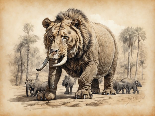 Auf dem Bild ist eine beeindruckende Darstellung eines großformatigen Tieres zu sehen, das Merkmale eines Löwen und eines Mammuts vereint. Es steht majestätisch in einer savannenähnlichen Landschaft, umgeben von einer Gruppe kleinerer Elefanten, die sich im Hintergrund bewegen. Die Umgebung ist von Palmen geprägt, die ein tropisches Klima andeuten.In Anlehnung an die Geschichte von Hagenbeck könnte man sagen, dass dieses Bild die Faszination für exotische Tiere und die Kunst, diese in einer ansprechenden Weise darzustellen, verkörpert. Hugo Hagenbeck, bekannt für seine Tierparkinnovation und das Konzept von naturnahen Gehegen, stellte stets die Schönheit und die Präsenz der Tiere in den Vordergrund. Die Kombination aus Löwe und Mammut könnte eine symbolische Verbindung zur Evolution und zur Vielfalt der Tierwelt darstellen, ähnlich wie Hagenbeck die Öffentlichkeit über die Wunder der Natur aufklären wollte.
