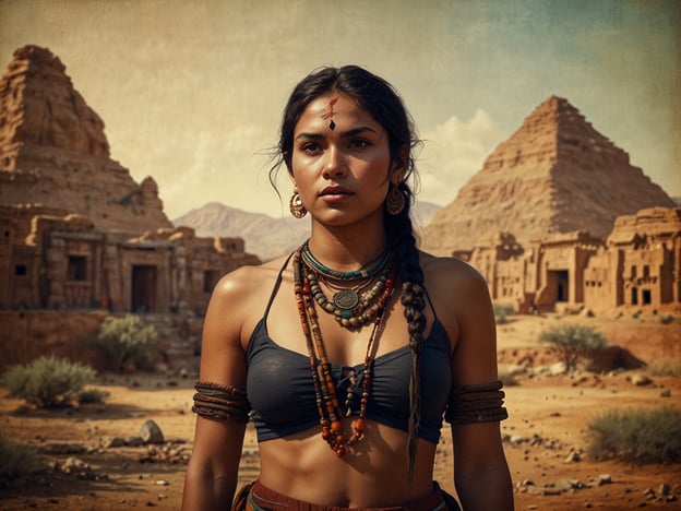 Auf dem Bild ist eine Frau zu sehen, die in einer Umgebung mit beeindruckenden, alten Bauwerken steht, die an die Geschichte und Kultur verschiedener indigener Völker erinnern könnten. In Bezug auf Namibia ist die Kultur der dort lebenden Menschen, wie der Herero und Himba, sehr vielfältig und reich an Traditionen.Die Himba zum Beispiel sind bekannt für ihre einzigartigen Kleidungsstile und Schmuck, die oft aus natürlichen Materialien hergestellt werden. Ihre gesellschaftlichen Strukturen sind matrilinear, und sie haben eine tiefe Verbindung zur Natur und ihren Vorfahren. Die Herero hingegen sind bekannt für ihre farbenfrohen Trachten und ihre traditionsbewusste Lebensweise.Das Bild könnte symbolisch für die kulturelle Identität und die Verbindung der Menschen zu ihrer Geschichte und Umgebung stehen, was auch in der Namibischen Kultur stark ausgeprägt ist.
