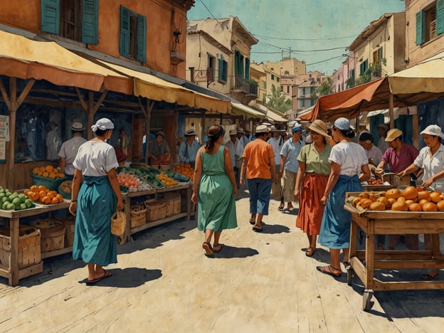 Auf dem Bild ist ein lebhafter Markt zu sehen, der durch Stände mit frischem Obst und Gemüse geprägt ist. Die Marktbesucher und Verkäufer tragen traditionelle Kleidung, was auf eine kulturelle Tiefe und lokale Bräuche hinweist.Solche Märkte sind oft zentrale Treffpunkte in vielen Kulturen, wo Menschen nicht nur Lebensmittel kaufen, sondern auch soziale Interaktionen pflegen. Man spürt förmlich die Atmosphäre des Austauschs, sei es beim Feilschen um die Preise oder beim Teilen von Geschichten. Diese Begegnungen stärken Gemeinschaftsbindungen und sind ein wichtiger Bestandteil des sozialen Lebens. In vielen Kulturen spielt der Markt eine bedeutende Rolle als Ort des Handels und der Geselligkeit.