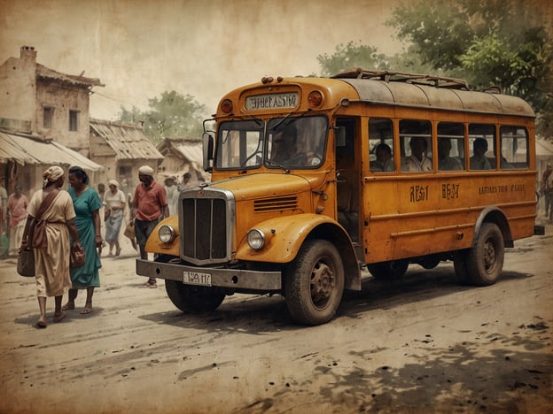 Auf dem Bild ist ein leuchtend gelber Bus zu sehen, der durch eine belebte Straße fährt. Die Umgebung wirkt ländlich und könnte auf eine kleinere Stadt oder ein Dorf hinweisen. Die Menschen um den Bus herum tragen traditionelle Kleidung und bewegen sich geschäftig durch die Straße, was auf eine lebhafte Gemeinschaft hinweist.
Dieser Bus könnte ein Symbol für Mobilität und die Vernetzung von Gemeinden in verschiedenen Kulturen sein. In vielen Ländern werden Busse oft als Hauptverkehrsmittel genutzt, um Menschen zu verbinden und den Zugang zu Schulen, Arbeitsplätzen und Märkten zu ermöglichen.
Die Darstellung der Menschen und des Busses reflektiert die kulturelle Vielfalt und die historischen Entwicklungen in vielen Regionen, wo der öffentliche Verkehr eine bedeutende Rolle beim sozialen und wirtschaftlichen Ausgleich spielt. Diese Aspekte zeigen, wie Mobilität nicht nur physische Bewegung, sondern auch den Austausch von Kulturen und Ideen ermöglicht.