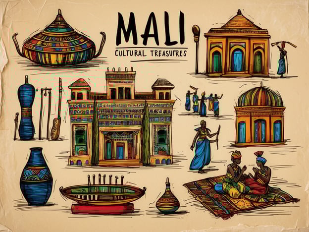 Auf dem Bild sind verschiedene kulturelle Schätze Malis abgebildet. Dazu gehören:1. **Traditionelle Töpferwaren**: Die farbenfrohen Keramiken und Vasen sind typisch für die Handwerkskunst in Mali.2. **Musikinstrumente**: Einige der abgebildeten Objekte scheinen traditionelle Instrumente zu sein, wie die Kora oder andere Saiteninstrumente, die einen wichtigen Platz in der malischen Musiktradition haben.3. **Architektonische Elemente**: Das große Gebäude in der Mitte könnte eine Darstellung einer berühmten Moschee oder eines Palastes sein, wie der Djinguereber-Moschee in Timbuktu.4. **Tanzende Figuren**: Diese repräsentieren die Bedeutung von Tanz und Musik in der malischen Kultur, oft dargestellt bei festlichen Anlässen.5. **Traditionelle Kleidung**: Die Figuren tragen farbenfrohe, traditionelle Gewänder, die in vielen ethnischen Gruppen Malis zu finden sind.Insgesamt vermittelt das Bild einen Eindruck von der reichen kulturellen Vielfalt und dem handwerklichen Können in Mali.