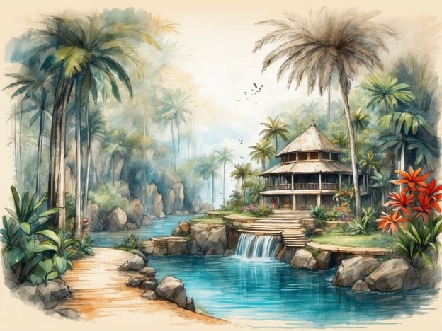 Auf dem Bild ist eine tropische Landschaft zu sehen, die mit üppigen Palmen und bunten Pflanzen geschmückt ist. In der Mitte befindet sich ein Haus im traditionellen Stil, umgeben von einer ruhigen Wasserfläche und einem Wasserfall.Besonderheiten eines Tropen-Aquariums sind:1. **Vielfalt der Fische**: Tropen-Aquarien zeichnen sich durch eine große Vielfalt an bunten und exotischen Fischen aus, die oft in lebhaften Schwärmen schwimmen.2. **Bepflanzung**: Viele tropische Aquarien nutzen lebende Pflanzen, die den Fischen Versteckmöglichkeiten bieten und das Erscheinungsbild verbessern.3. **Wassertemperatur**: Die Wassertemperatur muss konstant warm gehalten werden, typischerweise zwischen 24 und 28 Grad Celsius.4. **Künstliche Strukturen**: Höhlen und Felsen werden oft hinzugefügt, um natürliche Lebensräume nachzuahmen und den Fischen Bewegungsspielraum zu geben.5. **Lichtverhältnisse**: Die Beleuchtung spielt eine wichtige Rolle, um das Wachstum der Pflanzen zu fördern und die Farben der Fische hervorzuheben.Insgesamt spiegelt die Darstellung des Bildes die exotische und lebendige Atmosphäre wider, die man auch in einem Tropen-Aquarium finden kann.