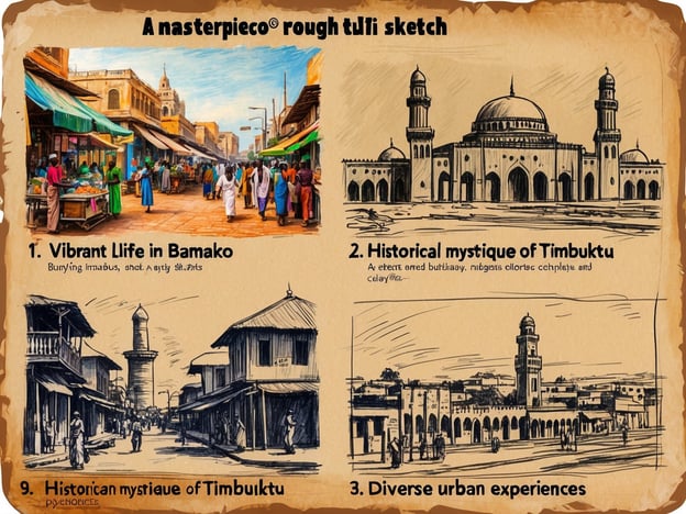 Auf dem Bild sind verschiedene Darstellungen von Städten in Mali zu sehen.1. **Lebhaftes Leben in Bamako**: Die obere Illustration zeigt den pulsierenden Markt in Bamako, wo Menschen lebhaft interagieren und verschiedene Waren anbieten, was das geschäftige Treiben der Hauptstadt widerspiegelt.2. **Historisches Timbuktu**: Die nächste Skizze stellt die mystische Atmosphäre von Timbuktu dar, bekannt für seine historische Bedeutung und kulturelle Erbe, mit beeindruckender Architektur.3. **Vielfältige Stadtlandschaften**: Eine weitere Darstellung fokussiert sich auf die unterschiedlichen städtischen Landschaften Mali's, die die Vielfalt und den Charme der Städte widerspiegeln.Diese Bilder fangen die kulturellen und historischen Facetten von Bamako und Timbuktu ein.