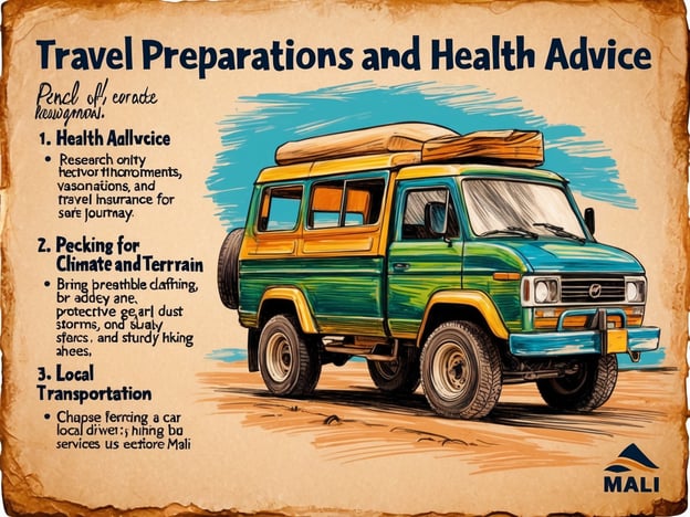 Auf dem Bild sind Reisevorbereitungen und Gesundheitstipps für eine Reise nach Mali zu sehen. Hier sind einige praktische Tipps für deine Reise:1. **Gesundheitsberatung**: - Recherchiere die erforderlichen Impfungen und Reiseversicherung für eine sichere Reise. Informiere dich über gesundheitliche Risiken und notwendige Vorsorgemaßnahmen.2. **Ausrüstung für Klima und Gelände**: - Bring atmungsaktive Kleidung mit, die dich vor Staubstürmen schützt. Stabile Wanderschuhe sind ebenfalls wichtig, um die unterschiedlichen Geländeformen zu bewältigen.3. **Transport vor Ort**: - Überlege, einen lokalen Fahrer zu engagieren. Dies kann die Mobilität erleichtern und dir helfen, die Region besser zu erkunden.Viel Spaß bei deiner Reise!