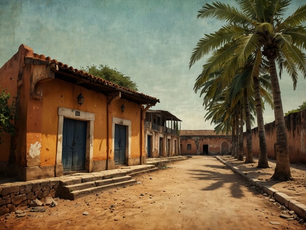 Das Bild zeigt eine malerische Straße mit orangefarbenen Gebäuden, blauen Türen und Palmen, die an eine tropische Umgebung erinnern. Solche Szenen sind typisch für die Île de Gorée, eine kleine russische Insel vor der Küste Senegals, die eine bedeutende Geschichte in Bezug auf den transatlantischen Sklavenhandel hat.Die Insel war während des 18. und 19. Jahrhunderts ein wichtiger Handelsplatz. Hier befanden sich zahlreiche Sklavenhäuser, in denen versklavte Menschen gefangen gehalten wurden, bevor sie verkauft und in die Neue Welt verschifft wurden. Heute gilt die Île de Gorée als ein Symbol des Gedenkens und der Reflexion über das Erbe der Sklaverei. Die kulturellen und architektonischen Elemente, die man auf der Insel findet, sind Zeugnisse dieser bewegten Geschichte.