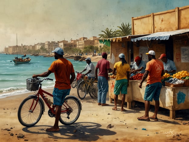Auf dem Bild ist eine lebhafte Szene am Strand von Dakar zu sehen, wo das lokale Leben pulsiert. Es gibt einen Markt, auf dem Menschen frisches Obst und Gemüse verkaufen, was typisch für die Märkte in Dakar ist, wie den Sandaga-Markt.Einige Männer scheinen mit Fahrrädern unterwegs zu sein, was eine beliebte Fortbewegungsart in der Stadt ist und oft genutzt wird, um die Strände oder nahegelegene Attraktionen zu erreichen. Die sanften Wellen im Hintergrund lassen auf die Nähe zum Atlantischen Ozean schließen, wo man oft Aktivitäten wie Schwimmen, Bootfahren oder einfach nur Entspannen am Strand genießen kann.Die Szene zeigt auch die freundliche Interaktion zwischen den Verkäufern und den Kunden, was das soziale Leben in Dakar wiederspiegelt. In dieser Stadt werden kulturelle Erlebnisse, lokale Küche und Musik oft in solch lebhaften Umgebungen erlebt.