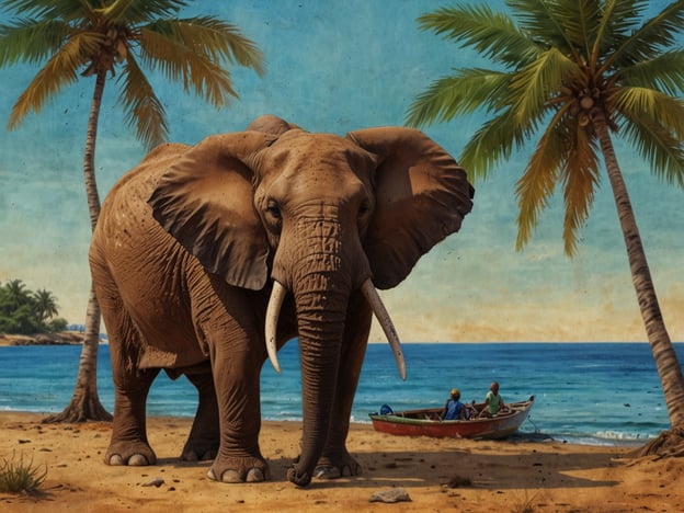 Auf dem Bild ist ein majestätischer Elefant zu sehen, der an einem Strand steht, umgeben von Palmen. Im Hintergrund erstreckt sich das Meer, und in der Nähe sitzt ein kleines Boot, in dem zwei Personen rudern.Gambia bietet eine faszinierende Natur und Tierwelt, die oft als Kulisse für solche Szenen dient. Die afrikanische Landschaft ist geprägt von einer reichen Biodiversität, einschließlich der beeindruckenden Elefanten, die in mehreren Nationalparks des Landes heimisch sind. Gambia ist bekannt für seine schönen Strände und tropischen Pflanzen, die dem Bild eine idyllische Atmosphäre verleihen.