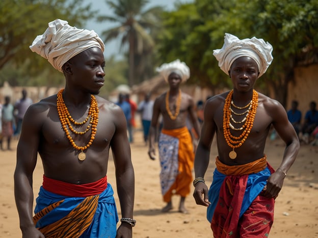 Auf dem Bild sind mehrere Männer zu sehen, die traditionelle Kleidung tragen, was auf eine kulturelle oder festliche Versammlung hinweisen könnte. Die Männer haben aufwendig gestaltete Kopfbedeckungen und tragen verschiedene farbige Tücher, die oft bei Feierlichkeiten oder Tänzen Verwendung finden.Musik und Tanz sind häufig zentrale Ausdrucksformen in vielen Kulturen, insbesondere während solcher traditionellen Anlässe. Die beschriebenen Personen könnten an einer Tanzaufführung oder einem Ritual teilnehmen, das oft von musikalischen Darbietungen begleitet wird. Diese kulturellen Praktiken dienen der Gemeinschaftsbindung, dem Feiern von Geschichten und dem Ausdruck von Identität.