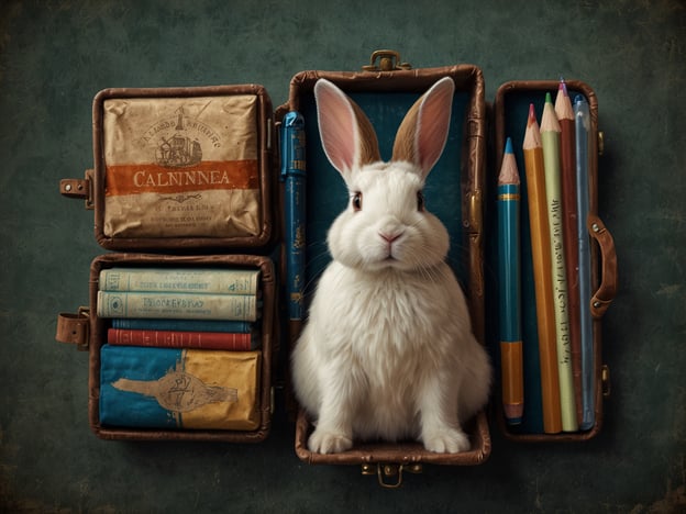 Auf dem Bild ist ein Kaninchen zu sehen, das in einem offenen Koffer sitzt. Der Koffer enthält verschiedene Gegenstände, darunter Bücher und Buntstifte. Für die Urlaubsvorbereitungen mit deinem Kaninchen könntest du Folgendes beachten:1. **Koffer für das Kaninchen:** Ein komfortabler Transportkäfig für die Reise ist wichtig.2. **Futter und Wasser:** Genügend frisches Futter und eine Wasserschüssel, die auch unterwegs verwendet werden kann.3. **Lieblingsspielzeug:** Ein paar Dinge, die deinem Kaninchen Freude bereiten, um es während der Reise zu beschäftigen.4. **Sicherheitsvorkehrungen:** Stelle sicher, dass der Koffer gut gesichert ist, damit das Kaninchen nicht entkommen kann.5. **Ruhige Umgebung:** Plane Pausen ein, damit das Kaninchen sich entspannen kann.Das Bild vermittelt eine kreative und verspielte Atmosphäre, die gut zu den Vorbereitungen für einen Urlaub mit einem geliebten Haustier passt!