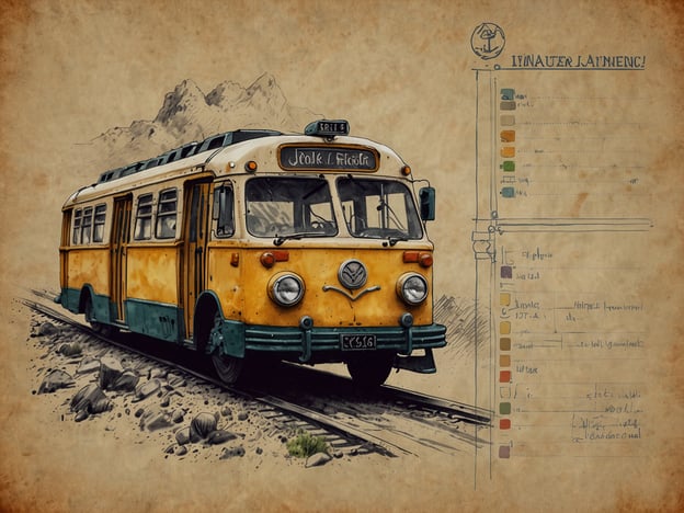 Auf dem Bild ist ein alter, gelber Omnibus zu sehen, der auf einer Schiene fährt. Die Umgebung wirkt ländlich, mit Bergen im Hintergrund und Steinen im Vordergrund. An der Seite des Busses ist ein Schild sichtbar.Um die Anreise stressfrei zu gestalten, empfiehlt es sich, im Voraus zu planen. Informiere dich über die Fahrzeiten und mögliche Umstiege, um entspannt zu reisen. Achte darauf, genügend Zeit einzuplanen, damit du auch bei unvorhergesehenen Ereignissen gelassen bleibt.