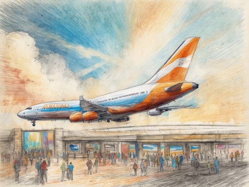 Auf dem Bild ist eine Flugzeugankunft dargestellt. Ein großes Passagierflugzeug mit der Aufschrift Arrival fliegt über eine Menschenmenge, die vor einem modernen Terminal steht. Der Himmel ist hellblau mit orangen und grauen Wolken, die eine freundliche Atmosphäre schaffen. Vor dem Terminal sind viele Menschen zu sehen, die auf die Ankunft des Flugzeugs warten oder sich unterhalten. Einige betrachten Bilder, die im Terminal ausgestellt sind. Die Szene vermittelt ein Gefühl von Aufregung und Erwartung.