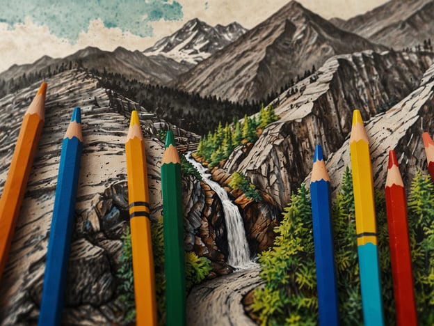 Auf dem Bild sind mehrere Buntstifte zu sehen, die auf einer kunstvoll gestalteten Landschaft mit Bergen, Bäumen und einem Wasserfall liegen. Diese Darstellung regt dazu an, kreative Aktivitäten für einen unvergesslichen Urlaub zu planen.Hier sind einige Ideen:1. **Malen und Zeichnen in der Natur**: Nehmen Sie Ihre Buntstifte mit und suchen Sie sich einen schönen Ort im Freien, um die Landschaft zu skizzieren oder zu malen.2. **Kunstworkshop**: Buchen Sie einen Kurs, der sich auf Naturmalerei oder kreative Techniken konzentriert.3. **Wanderungen**: Erkunden Sie die Umgebung zu Fuß und bringen Sie Ihr Skizzenbuch mit, um Eindrücke festzuhalten.4. **Fotografie**: Halten Sie die Schönheit der Natur mit einer Kamera fest und kombinieren Sie dies mit Ihren Zeichnungen während des Urlaubs.5. **Entspannung und Meditation**: Nutzen Sie die ruhige Umgebung für Meditationsübungen oder um einfach die Stille und Schönheit der Natur zu genießen.Solche Aktivitäten können helfen, den Urlaub unvergesslich zu machen und die Kreativität zu fördern!