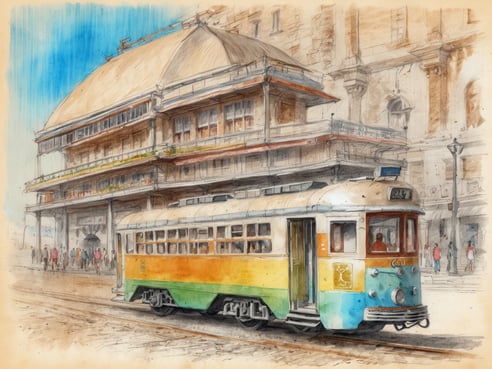 Ein farbenfroher Straßenbahnwagen steht vor einem historischen Gebäude mit einem markanten, gewölbten Dach und großen Fenstern. Die Szenerie ist hell und einladend, der Himmel ist blau und klar. Um das Gebäude herum sind einige Passanten zu sehen, die durch die Straßen schlendern. Im Hintergrund sind weitere architektonische Details sichtbar, die die Umgebung lebendig gestalten.