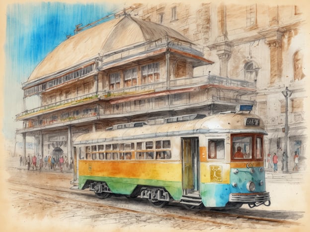 Ein farbenfroher Straßenbahnwagen steht vor einem historischen Gebäude mit einem markanten, gewölbten Dach und großen Fenstern. Die Szenerie ist hell und einladend, der Himmel ist blau und klar. Um das Gebäude herum sind einige Passanten zu sehen, die durch die Straßen schlendern. Im Hintergrund sind weitere architektonische Details sichtbar, die die Umgebung lebendig gestalten.