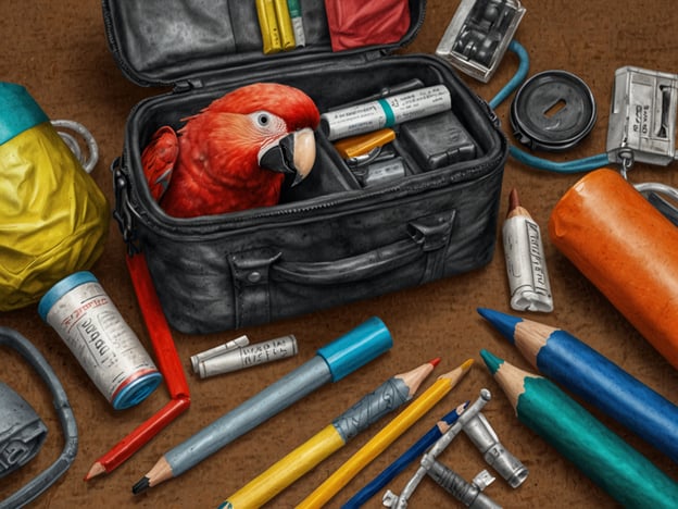Auf dem Bild ist ein roter Papagei zu sehen, der in einer offenen Tasche sitzt. Rund um die Tasche liegen verschiedene Gegenstände wie Stifte, Notizblätter und andere Utensilien.Wenn du mit deinem Papagei reisen möchtest, hier sind einige Tipps zur Vorbereitung:1. **Transportkäfig**: Stelle sicher, dass du einen sicheren und komfortablen Käfig hast, der gut belüftet ist und genügend Platz für deinen Papagei bietet.2. **Futter und Wasser**: Nimm genügend Futter und frisches Wasser mit für die Reise. Eine kleine Wasserflasche mit Trinknapf kann hilfreich sein.3. **Gesundheitszeugnis**: Informiere dich über Vorschriften am Reiseort. In manchen Fällen benötigst du ein Gesundheitszeugnis für deinen Vogel.4. **Spielzeug und Vertrautes**: Nimm Spielzeug und eine kleine Decke mit, die deinem Papagei ein Gefühl von Sicherheit geben.5. **Reisezeit**: Plane die Reise so, dass sie so kurz und stressfrei wie möglich ist.Mit diesen Vorbereitungen kannst du sicherstellen, dass dein Papagei gut betreut ist!