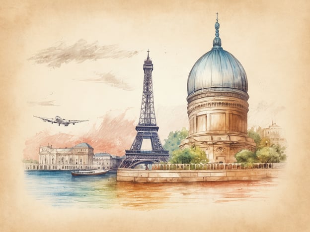 Eine künstlerische Darstellung von Paris zeigt den Eiffelturm und eine beeindruckende Kuppelarchitektur am Ufer der Seine. Ein Flugzeug fliegt über die Szene, während im Hintergrund historische Gebäude und Bäume zu sehen sind. Der Himmel hat sanfte Farbverläufe, die eine romantische Atmosphäre erzeugen.