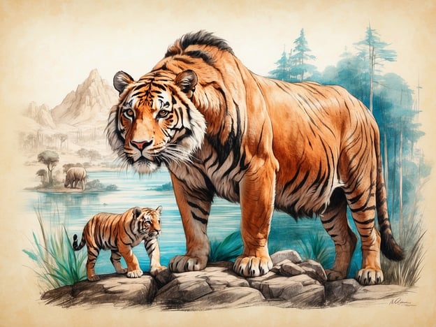 Auf dem Bild sind zwei Tiger zu sehen, ein großer, ausgewachsener Tiger und ein kleinerer Tiger, vermutlich ein Jungtier. Sie stehen auf Felsen in einer natürlichen Umgebung, die von Wasser und Bäumen umgeben ist. Die Szene vermittelt ein Gefühl von Wildnis und einer harmonischen Beziehung zwischen den Tigern und ihrer Umgebung.Die Geschichte des Tierparks ist oft geprägt von den Bemühungen, Lebensräume für bedrohte Tierarten zu erhalten und die Bedeutung von Naturschutz zu fördern. In der Vergangenheit wurden viele Tierarten durch Lebensraumverlust und Jagd gefährdet, weshalb Tierparks eine wichtige Rolle spielen, um diese Tiere zu schützen und der Öffentlichkeit nahezubringen. Die Darstellung von Tigern ist daher nicht nur für die Aufklärung wichtig, sondern auch für den Erhalt dieser majestätischen Tiere und ihrer Lebensräume.