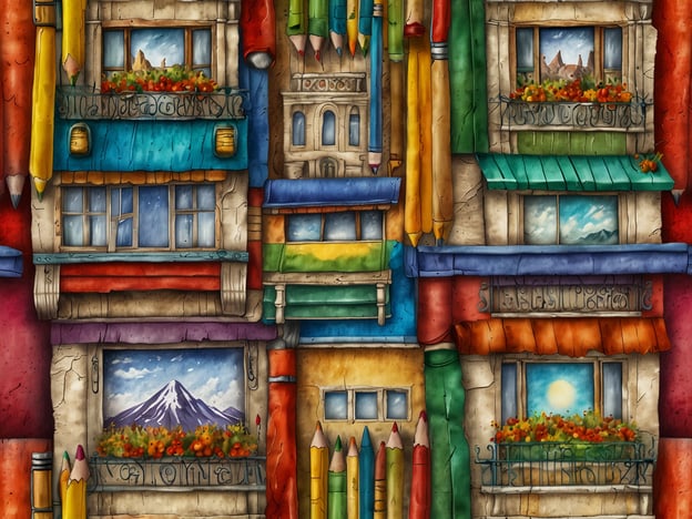 Auf dem Bild sind bunte, fantasievoll gestaltete Gebäude zu sehen, die an eine Stadtlandschaft erinnern. Die Fenster bieten verschiedene Ausblicke, darunter Berge und Landschaften. Es wirkt wie eine Kombination aus architektonischen Elementen und künstlerischen Aspekten.Ideal wäre eine Reisezeit im Frühling oder Herbst, wenn das Wetter mild ist. Mögliche Reiseziele könnten malerische Städte in Europa oder Japan sein, wo man historische Architektur und schöne Landschaften genießen kann. Beispielsweise wären Kyoto für die traditionelle Architektur oder eine Stadt wie Barcelona mit ihrer bunten Baukunst perfekt.