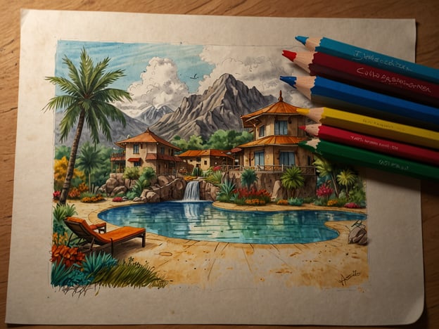 Auf dem Bild ist eine idyllische Szenerie zu sehen, die ein tropisches Resort oder eine Ferienanlage darstellt. Im Vordergrund befindet sich ein Pool, umgeben von üppigen Pflanzen und Blumen, was eine entspannende Atmosphäre schafft. Eine Liege neben dem Pool lädt dazu ein, sich zu entspannen und die Natur zu genießen.Solche Landschaften können das Wohlbefinden auf Reisen fördern, da sie zur Erholung und Entspannung einladen. Die Nähe zur Natur, sowie die Möglichkeit, sich in einem ruhigen Ambiente zu entspannen, sind wichtig für die geistige und körperliche Gesundheit. Begegnungen mit solchen friedlichen Umgebungen können Stress abbauen und zu einer allgemeinen Verbesserung des Wohlbefindens beitragen.