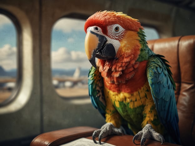 Auf dem Bild ist ein bunter Papagei in einem Flugzeug zu sehen, der auf dem Sitz sitzt. Er hat lebendige Farben und schaut aufmerksam über den Sitzrand hinweg.### Tipps und Tricks für das Reisen mit einem Papagei im Flugzeug:1. **Vorbereitung**: Informiere dich vorab über die Fluggesellschaften und deren Richtlinien für die Mitnahme von Tieren. Einige Airlines haben spezielle Bestimmungen für Haustiere.2. **Transportbox**: Nutze eine geeignete Transportbox, die gut belüftet ist und genügend Platz für den Papagei bietet. Achte darauf, dass sie sicher verschlossen ist.3. **Futter und Wasser**: Besorge spezielle Reisefutter und Wasserbehälter, die auch während des Fluges verwendet werden können.4. **Beruhigung**: Bringe vertraute Gegenstände mit, wie Lieblingsspielzeuge oder eine Decke, um deinem Papagei Sicherheit zu geben.5. **Trainingsvorbereitung**: Gewöhne deinen Papagei an das Fliegen in einer Box, bevor du tatsächlich fliegst, um Stress zu minimieren.6. **Regelmäßige Pausen**: Falls der Flug lange dauert, plane, wenn möglich, Pausen ein, um deinem Papagei Bewegung und frische Luft zu gönnen.7. **Sicherheitskontrollen**: Sei darauf vorbereitet, dass dein Papagei möglicherweise bei den Sicherheitskontrollen extra überprüft wird.Mit diesen Tipps kannst du die Reise für deinen fliegenden Freund angenehmer gestalten.