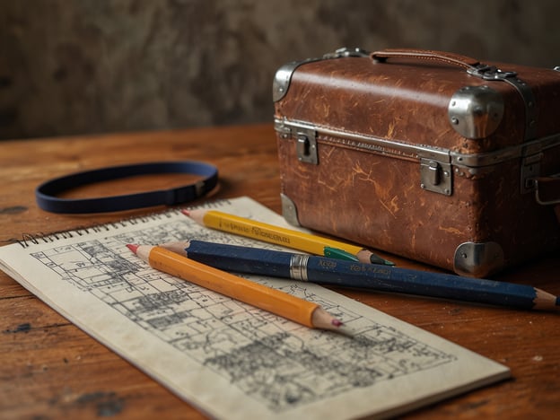 Auf dem Bild sind eine alte, braune Reisetasche, ein Notizbuch mit einem Plan oder einer Skizze, und einige Farbstifte oder Buntstifte zu sehen. Es liegt ein blauer Gurt oder Armband daneben.Hier sind einige Tipps für eine stressfreie Anreise:1. **Frühzeitig planen**: Informiere dich im Voraus über deine Route und den Zeitplan, um unvorhergesehene Verzögerungen zu vermeiden.2. **Genehmigungen und Dokumente**: Stelle sicher, dass du alle erforderlichen Reisedokumente, Tickets und Buchungsbestätigungen dabei hast.3. **Pack leicht und sinnvoll**: Nimm nur das Nötigste mit, um das Gepäck zu minimieren und die Suche nach Dingen zu erleichtern.4. **Pausen einplanen**: Plane regelmäßige Pausen ein, um dich zu entspannen und auch mal frische Luft zu schnappen.5. **Unterhaltung mitnehmen**: Nimm etwas mit, das dir während der Reise Freude bereitet, wie Bücher, Musik oder Spiele.6. **Gesund bleiben**: Achte auf ausreichend Wasser und gesunde Snacks für den Weg.Viel Spaß bei deiner Reise!