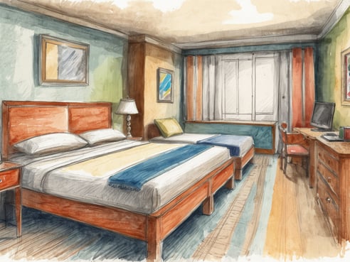 Ein gemütliches Doppelzimmer mit zwei Einzelbetten, einem Nachttisch und einer Lampe auf der linken Seite. Die Wände sind in sanften Farben gehalten, und es hängen Bilder an den Wänden. Ein Fenster mit mehreren Fenstern befindet sich auf der rechten Seite, umgeben von Vorhängen in warmen Farben. Ein Holzschreibtisch mit einem Stuhl steht in der Nähe, auf dem ein Computer und einige zusätzliche Gegenstände platziert sind. Der Boden ist mit einem Teppich versehen.
