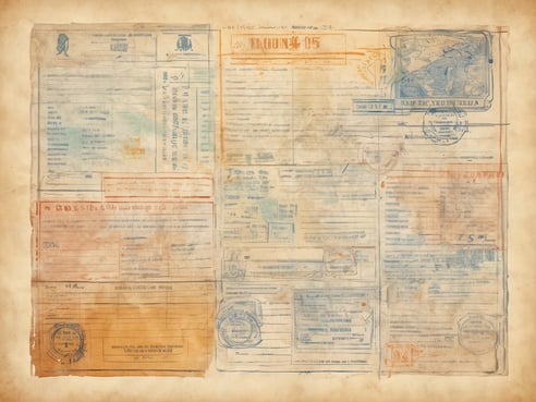 Das Bild zeigt eine Sammlung von alten Einreise- und Ausreiseformularen, die auf einem beige gefärbten Blatt Papier angeordnet sind. Die Dokumente enthalten verschiedene Stempel und handschriftliche Notizen in unterschiedlichen Farben, darunter Blau, Rot und Orange. Einige Felder sind mit persönlichen Informationen ausgefüllt, während andere noch leer oder teilweise unleserlich sind. Die Formulare wirken antiquiert und vermitteln einen historischen Eindruck von Reisedokumentation.