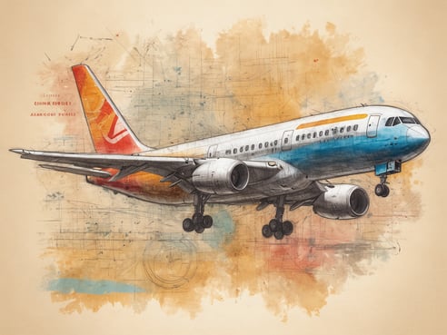 Ein skizzenhaftes Bild eines Flugzeugs mit buntem Design. Das Flugzeug hat einen hellblauen und orangefarbenen Anstrich und ist auf einem beige-farbenen Hintergrund dargestellt, der mit aquarellähnlichen Farbtönen verziert ist. Die technische Skizze im Hintergrund ergänzt das künstlerische Element des Bildes.