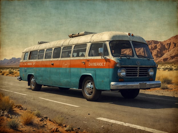 Auf dem Bild ist ein alter, farbenfroher Bus zu sehen, der auf einer Straße in einer Wüstenlandschaft steht. Die Farbe des Busses ist eine Kombination aus Türkis und Orange, mit einem gewellten Dach und rustikalen Details. Die Umgebung besteht aus trockener, sandiger Erde und Hügeln im Hintergrund.Denke daran, beim Fahren immer sicherheitsbewusst zu sein. Trage deinen Sicherheitsgurt, halte dich an die Verkehrsregeln und achte auf andere Verkehrsteilnehmer.