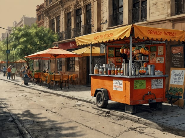 Auf dem Bild ist ein farbenfroher Straßenstand zu sehen, der verschiedene Getränke und Snacks verkauft. Der Stand ist orange und hat eine Markise, die Schutz vor der Sonne bietet. Um den Stand herum sind Tische mit orangefarbenen Sonnenschirmen aufgestellt, an denen Menschen sitzen und sich unterhalten.Die Szenerie vermittelt ein gemütliches und einladendes Ambiente, ideal für eine Pause während einer Erkundungstour in der Stadt. Solche Straßenstände sind eine großartige Möglichkeit, lokale Spezialitäten zu probieren und das Leben vor Ort zu erleben, während man auf Reisen ist.